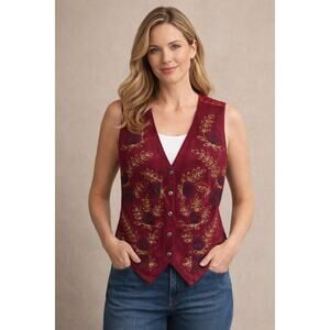 Jane Ashley Vintage Red Leather Vest Floral Embroidered Western Womens M